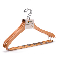 Custom natural Wooden hangers pant hanger with locking bar for dry clothes wholesale
